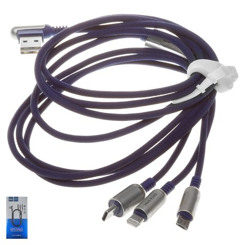 USB кабель Hoco U17, USB тип C, USB тип A, micro USB тип B, Lightning, 150 см, 2,4 А, синій, Г подібний, в нейлоновому обплетенні, 3 в 1
