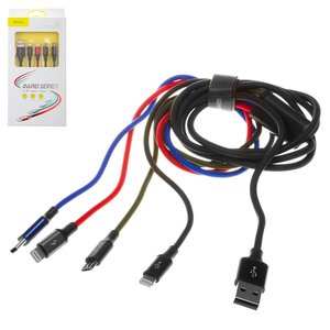 USB кабель Baseus Rapid Series, USB тип C, USB тип A, micro USB тип B, Lightning, 120 см, 3,5 А, черный, передача данных только на Lightning, в нейлоновой оплетке, 4 в 1, #CA1T4 A01