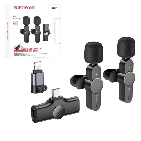 Мікрофон петличний Borofone BFK12, безпровідний, з кліпсою, USB тип C, Lightning