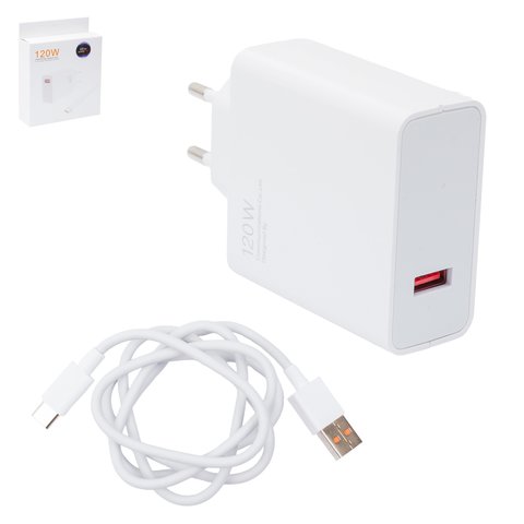 Мережевий зарядний пристрій для Apple, 120 Вт, Quick Charge, білий, з USB кабелем тип C, 1 порт, service pack box