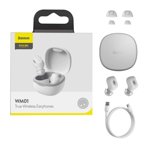 Headphone Baseus WM01, wireless, vacuum, white, with charging case  #NGTW240002 NGWM01 02