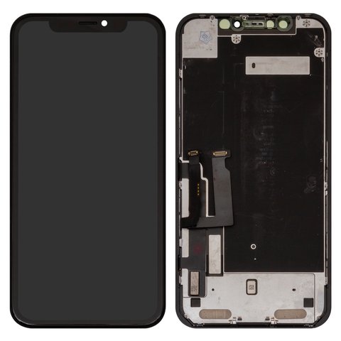 LCD compatible with iPhone XR, black, with frame, change glass, with camera and proximity sensor plastics, Toshiba Sharp version 