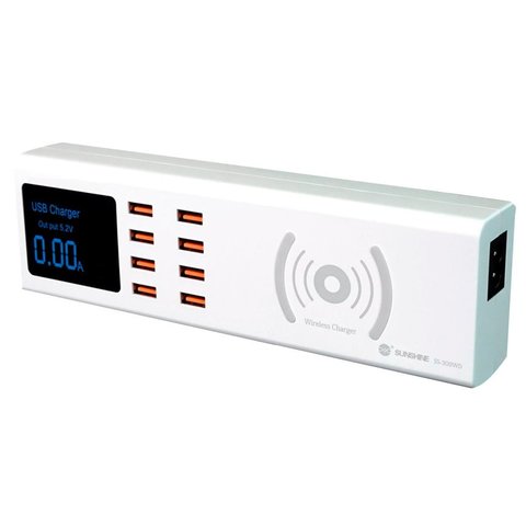 Adaptador de red Sunshine SS 309WD , 40 W, Quick Charge, con cargador inalámbrico, 8 puertos