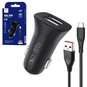 Автомобильное зарядное устройство SkyDolphin SZ09V, черное, с micro USB кабелем тип В, 15 Вт, 3,4 А, 2 порта