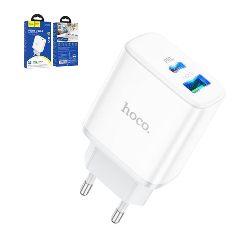Сетевое зарядное устройство Hoco C105A, 20 Вт, Power Delivery PD , 220 В, белый, 2 порта, #6931474782946